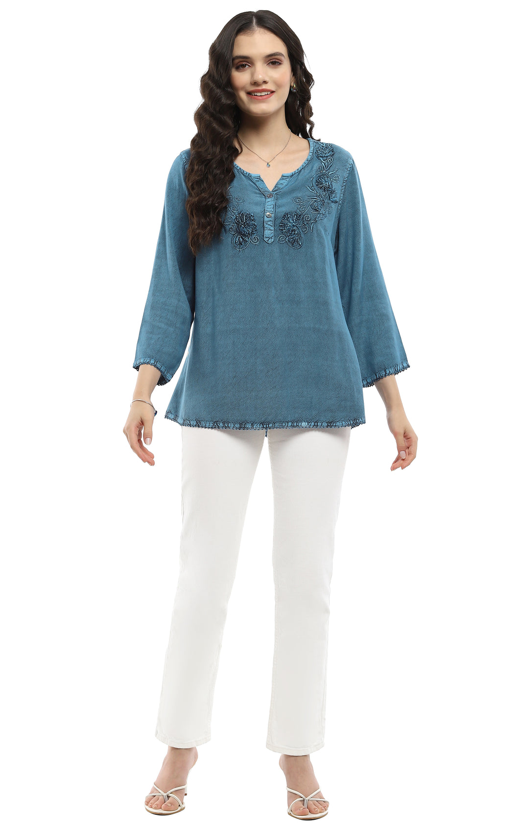 Parsley Plus Solid Henley Blouse with Embroidery