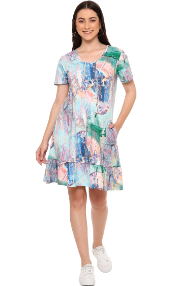 Parsley Short Sleeve Abstract Print Ruffle Bottom Dress